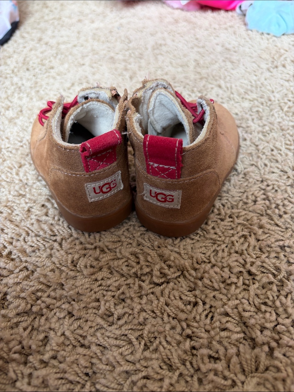 UGG Kids Chestnut Suede Boots with Red Accents